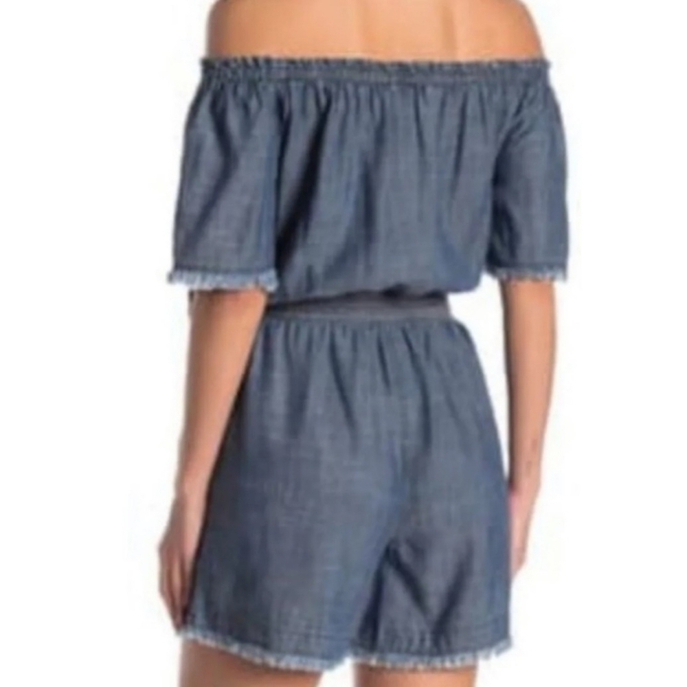Trina Turk The Keys off the shoulder linen blend Chambray  Romper Blue Size XS - Picture 2 of 12